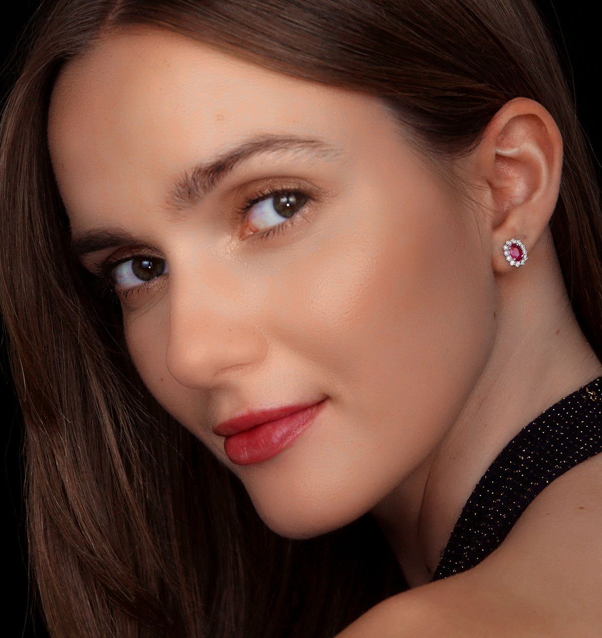 Ruby Earrings with Lab Diamonds in 925 Silver - 6 x 4mm Centre